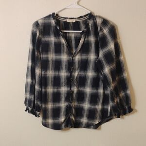 Mason & Belle Women's Navy and White Plaid Button-Down Shirt Small